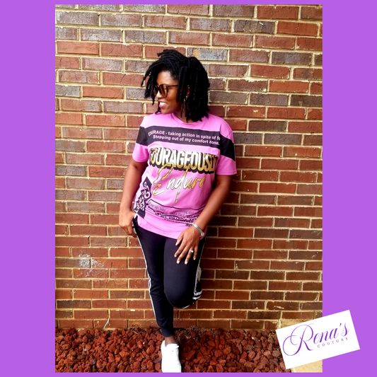 COURAGEOUSLY ENDURE NEWSPAPER SHIRT IN FUCHSIA