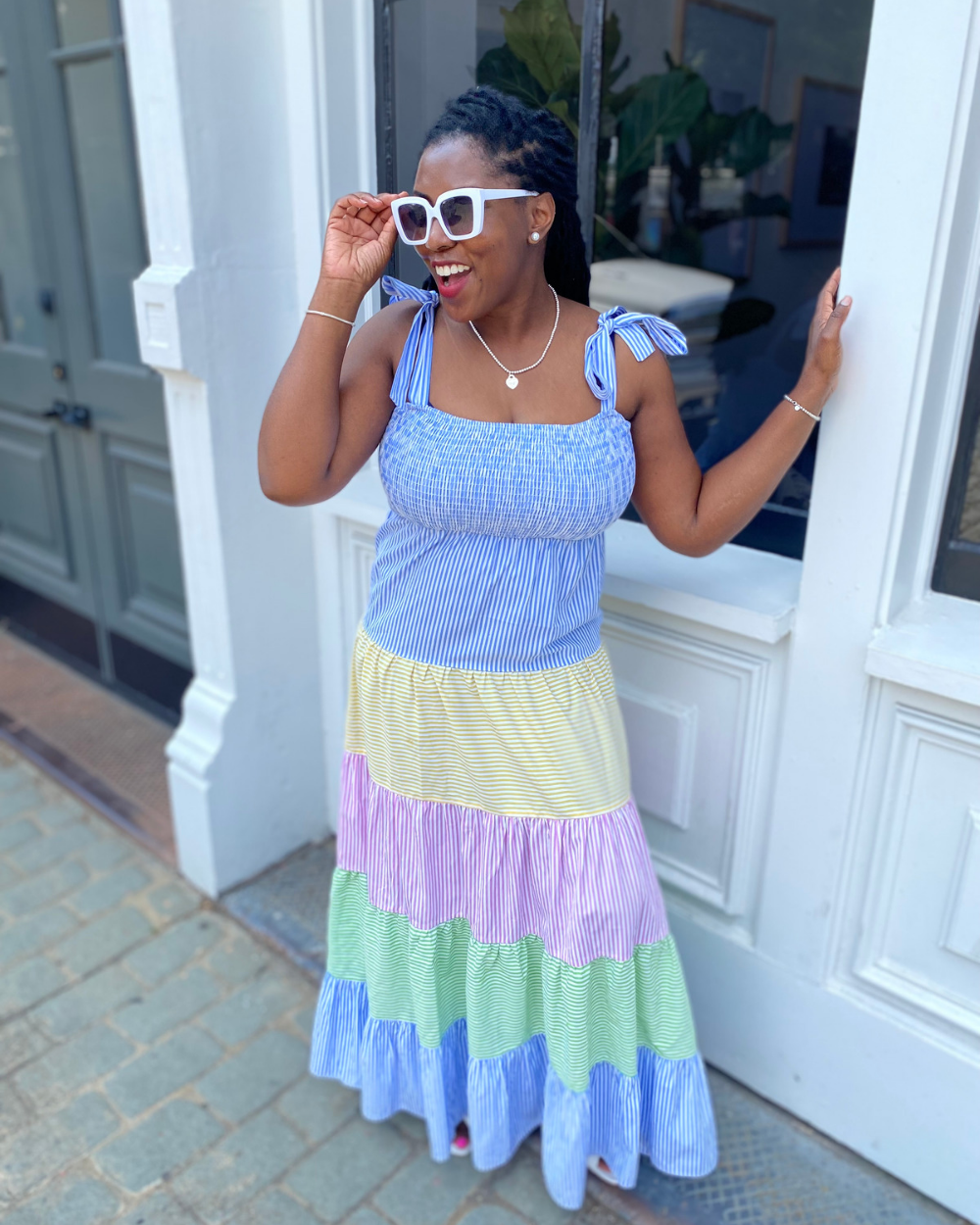 Rena's Pastel Boho Ruffle Hem Tied Shoulder Long Flowy Max Rena's Pastel Boho Ruffle Hem Tied Shoulder Long Flowy Max