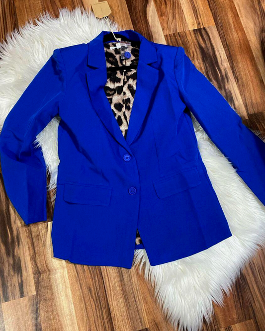 Women's Cobalt Solid Blazer With Leopard Lining